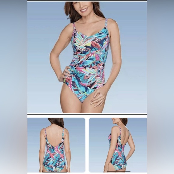 NWT AquaGreen Vibrant Leaf Print One Piece Swimsuit - Picture 2 of 4